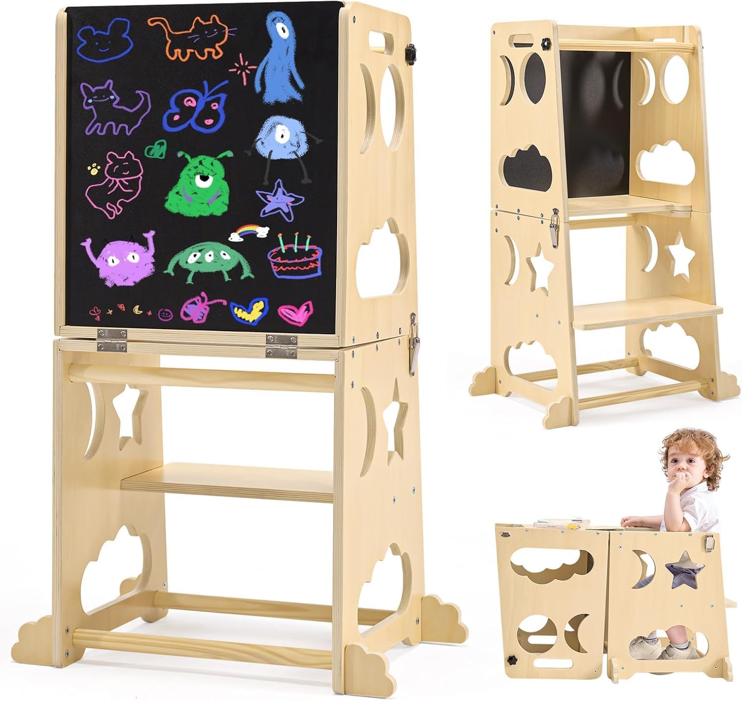 Toddler Learning Tower - หอคอยครัวเด็กแบบพับได้, ตัวช่วยทำครัวเด็กแบบมอนเตสซอรี่พร้อมราวกั้นนิรภัย, หอคอยเรียนรู้ทำครัวสำหรับเด็กทำจากไม้ ปรับระดับได้