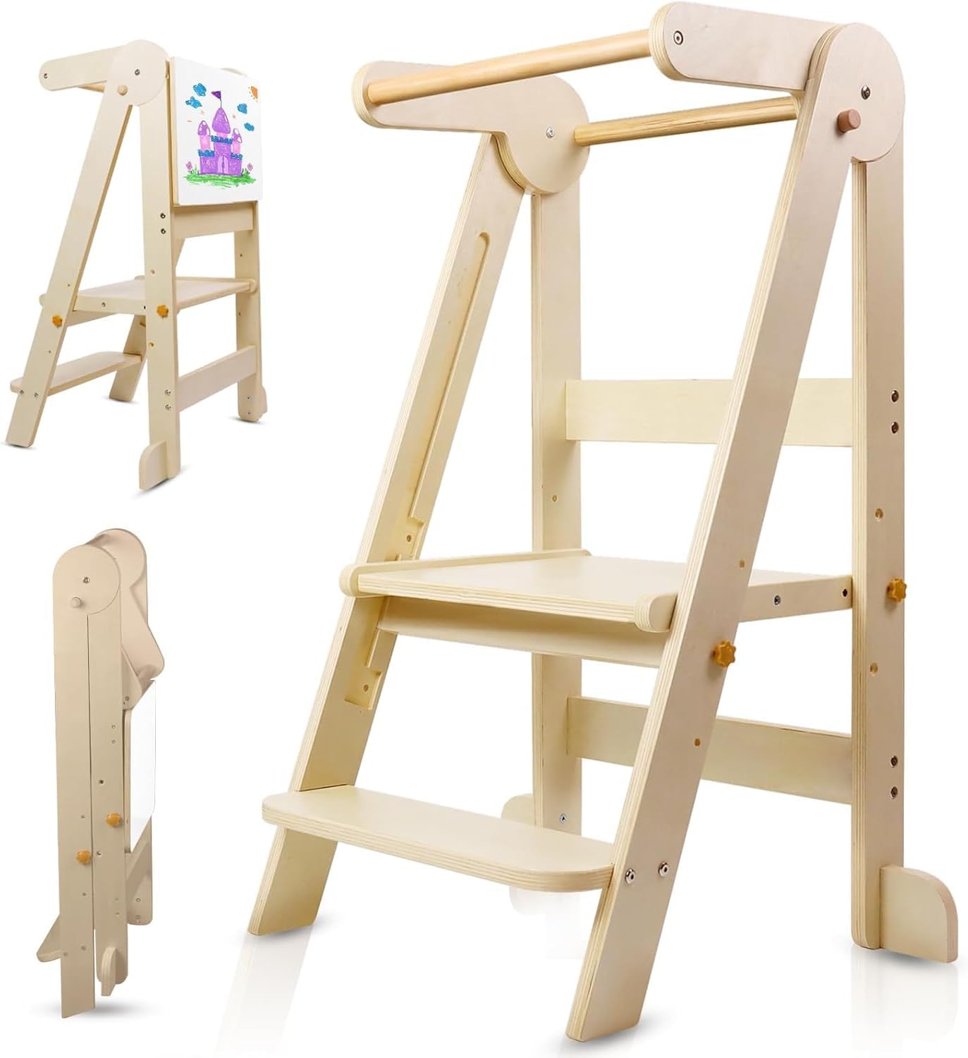Toddler Learning Tower - หอคอยครัวเด็กแบบพับได้, ตัวช่วยทำครัวเด็กแบบมอนเตสซอรี่พร้อมไวท์บอร์ดและราวกันตก, บันไดหัดเดินสำหรับเด็ก