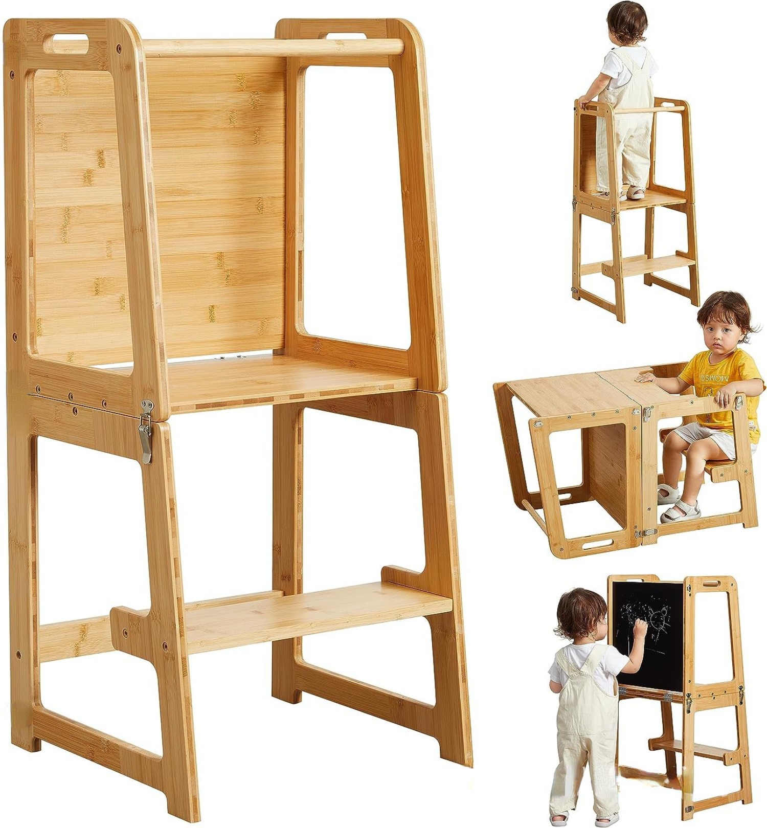 Toddler Learning Tower - หอคอยครัวเด็กแบบพับได้, หอคอยครัวมอนเตสซอรี่สำหรับเด็กพร้อมราวกันตก, หอคอยเรียนรู้สำหรับเด็กพร้อมบันไดปรับระดับได้