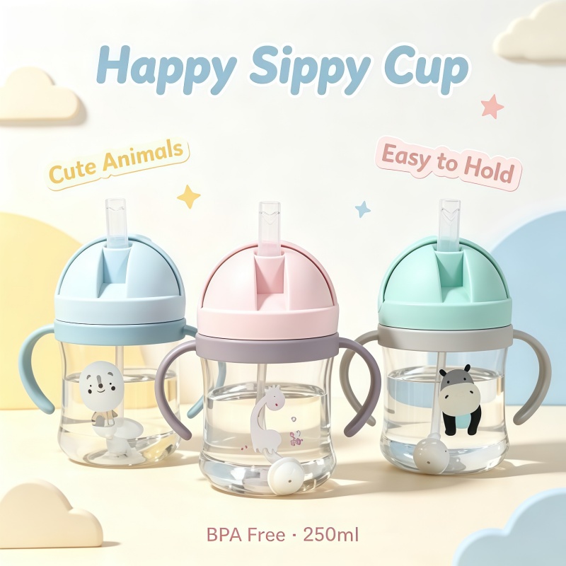 Baby Products List - ขวดน้ำเด็กแบบพกพาพร้อมหลอดดูด ลายการ์ตูนใหม่ สำหรับเด็กเล็ก ฝึกดื่มน้ำ พร้อมหูจับ